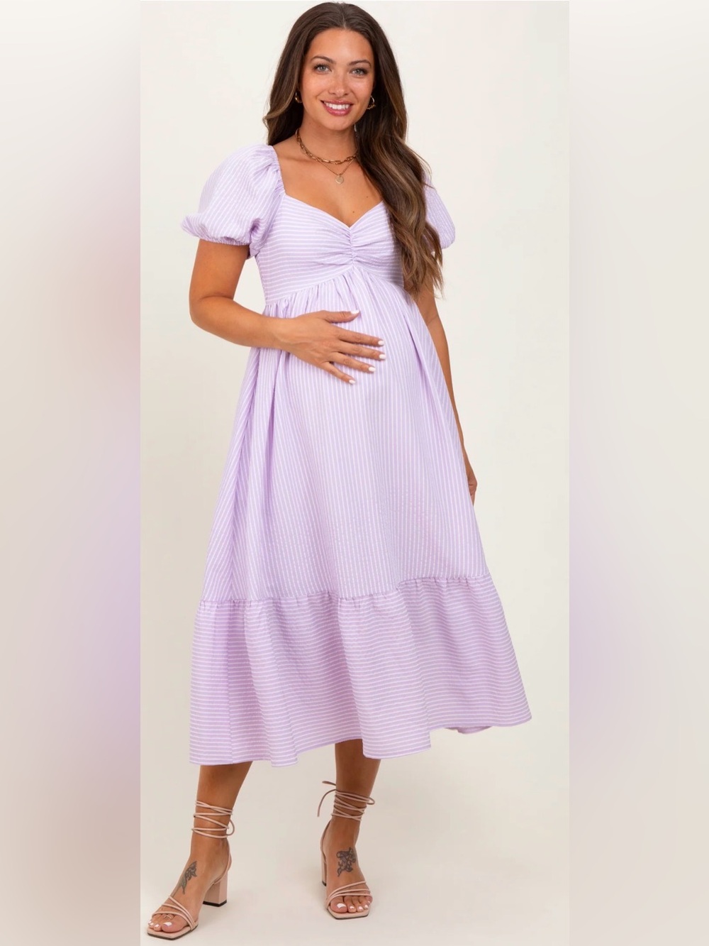 La February Lavender Sweetheart Stripe Smocked Back Midi Maternity Dress Size L